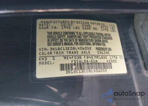 2008 Nissan Versa 1.8S z USA, uszkodzony, nr VIN 3N1BC13E08L406052